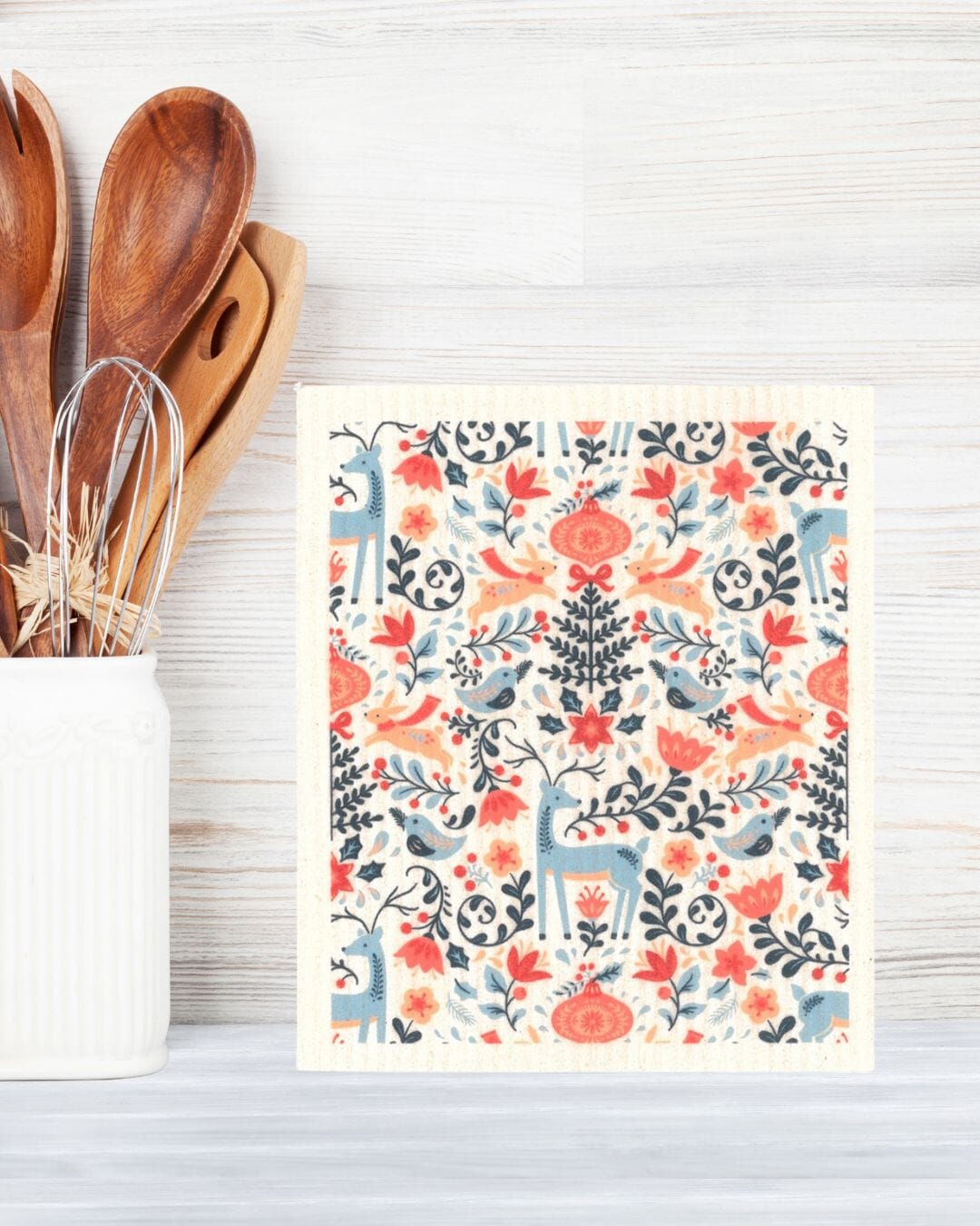 Blue Reindeer in Flowers Swedish dishcloth | Christmas & Winter Swedish Dishcloths sweetgum textiles company, LLC 