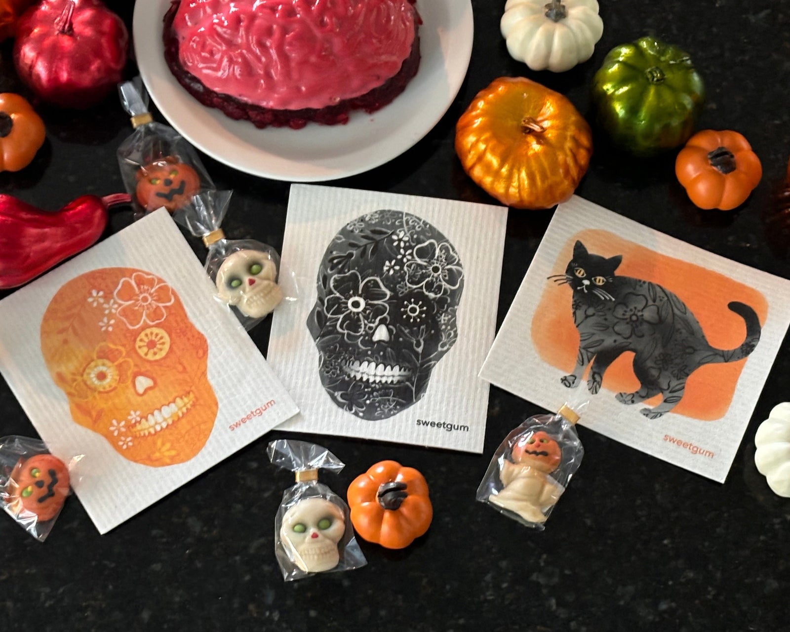 Bundle of 3 Swedish Dishcloths | Spooky & Sweet Halloween (Orange & Black) Swedish Dishcloths sweetgum textiles company, LLC 