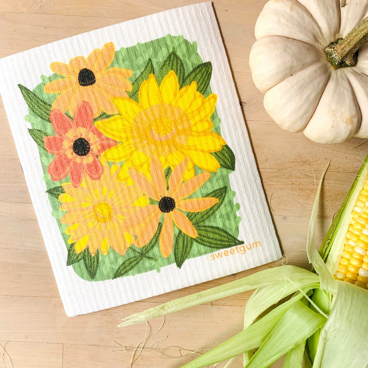 Yellow Flowers &amp; Leaves Swedish Dishcloth | Sweetgum Home Swedish Dishcloths sweetgum textiles company, LLC 
