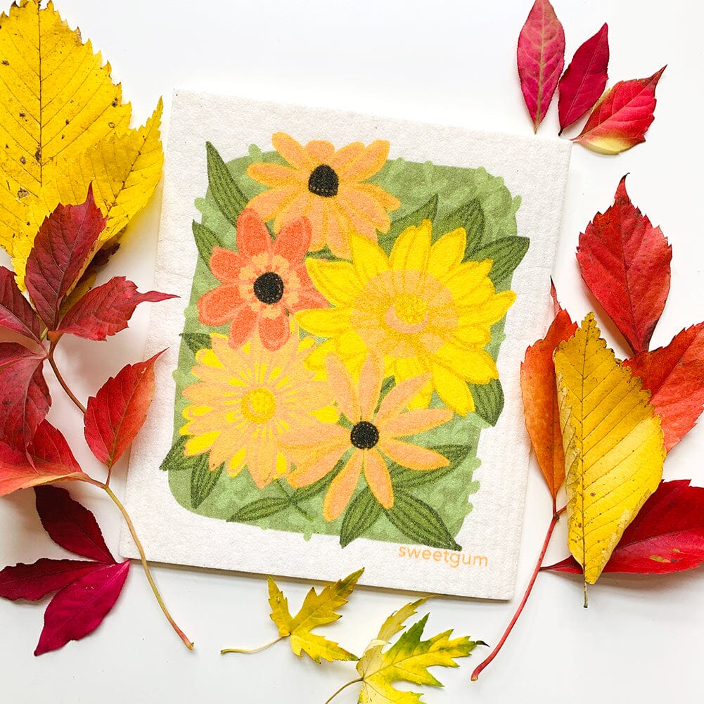 Yellow Flowers &amp; Leaves Swedish Dishcloth | Sweetgum Home Swedish Dishcloths sweetgum textiles company, LLC 
