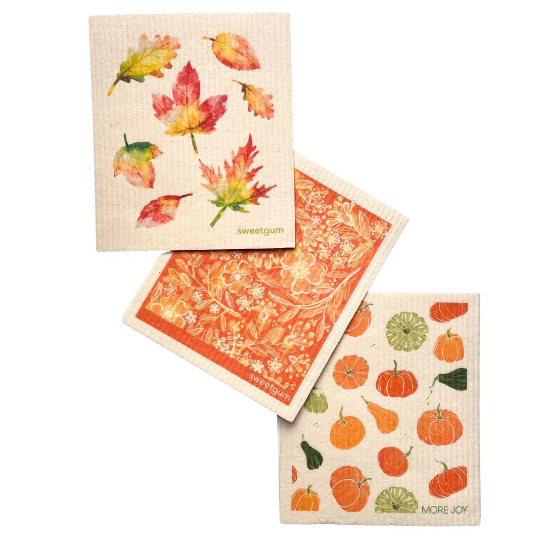 Bundle of 3 Swedish Dishcloths | Autumn Leaves, Orange Flowers, Pumpkins &amp; Gourds Swedish Dishcloths sweetgum textiles company, LLC 