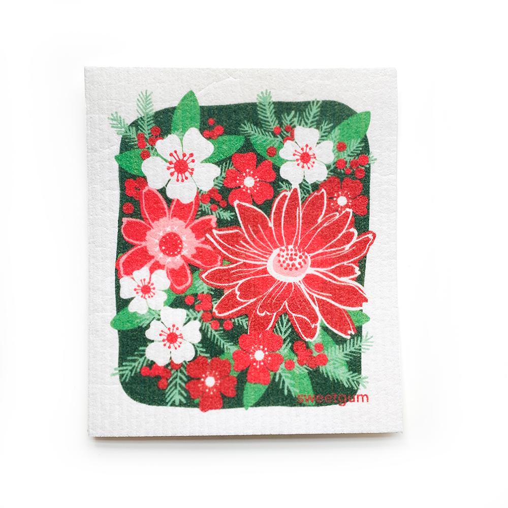 Christmas Flowers Swedish Dishcloth | Pink Red Green | Sweetgum Swedish Dishcloths sweetgum textiles company, LLC 