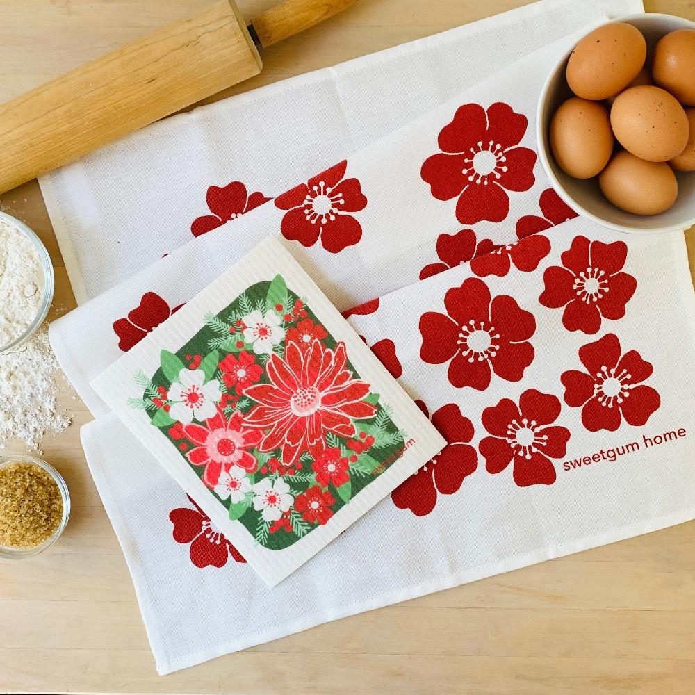 Christmas Flowers Tea Towel + 1 Swedish Dishcloth Bundle Tea Towel sweetgum textiles company, LLC 