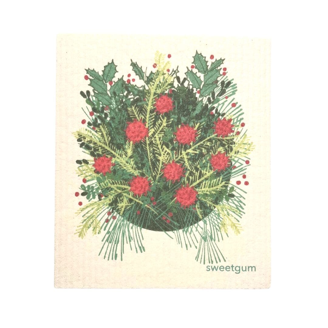 Christmas Greens Bouquet with Sweetgum Balls | Red & Green Swedish Dishcloths sweetgum textiles company, LLC 
