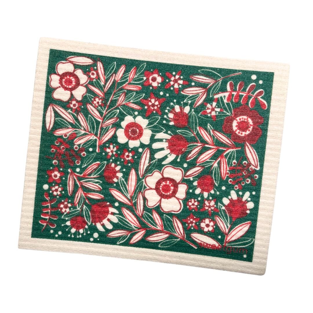 Flowers & Leaves Swedish Dishcloth | Red and Green Swedish Dishcloths sweetgum textiles company, LLC 