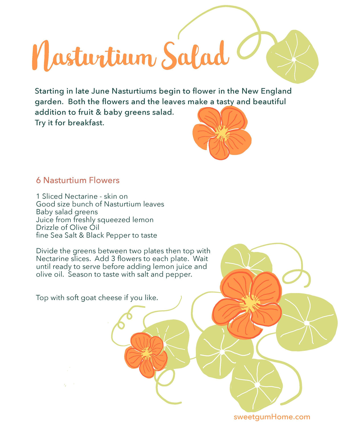 Nasturtium Salad Recipe sweetgum textiles company, LLC 