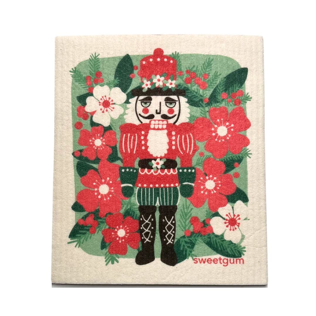 Red & Green Nutcracker with Christmas Flowers Swedish Dishcloths sweetgum textiles company, LLC 