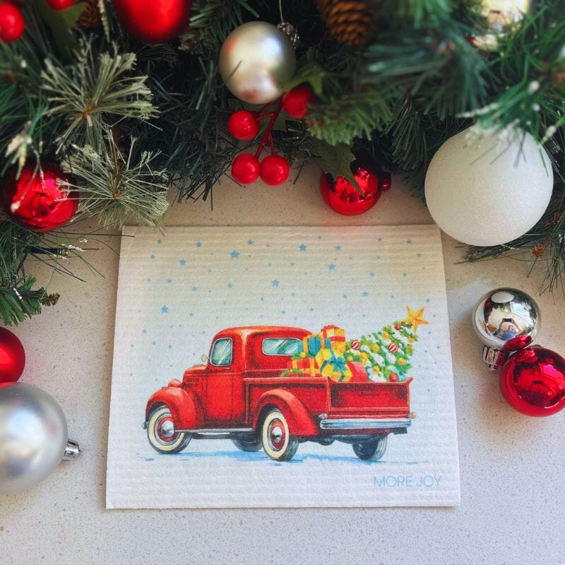 Vintage Truck with Christmas Tree Swedish Dishcloth | Red Swedish Dishcloths sweetgum textiles company, LLC 